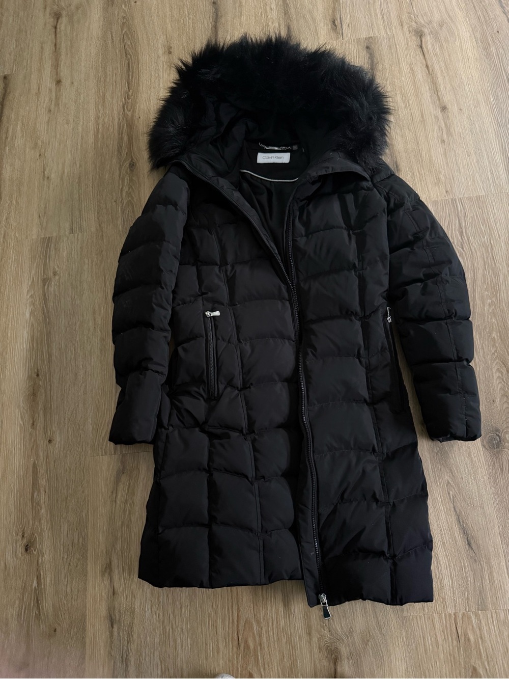 Calvin Klein Black Quilted Down Long Puffer Coat with Faux Fur Hood